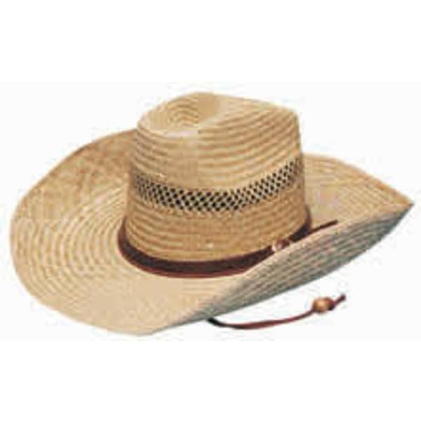 A straw cowboy hat in natural tones with a brown band and a string fastener. It features a woven design for ventilation.
