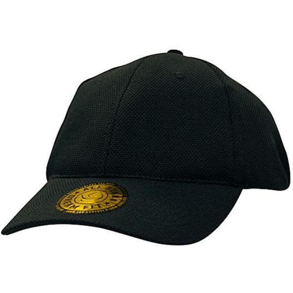 A black mesh cap featuring a curved peak and textured fabric, with a logo on the front.