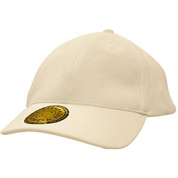 A cream-coloured cap with a textured mesh design and a round logo. Features a curved brim and a fitted style.