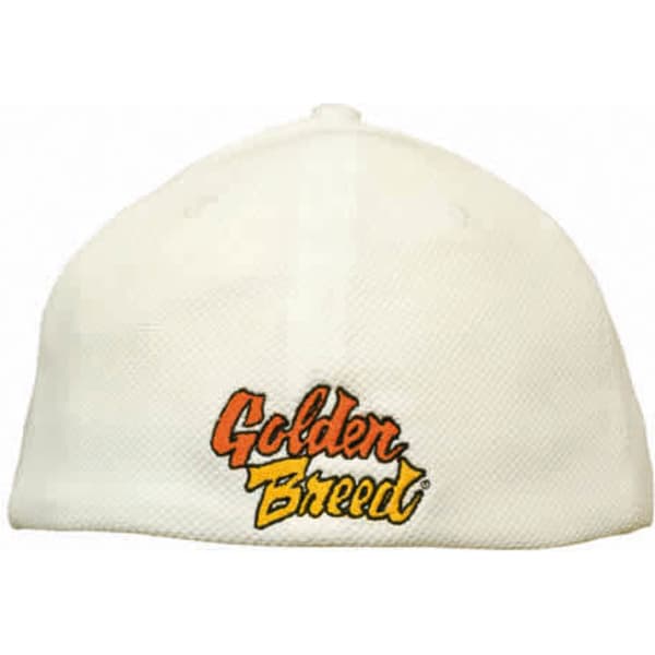 A white cap with a logo on the front, featuring a mesh design and a fitted style.