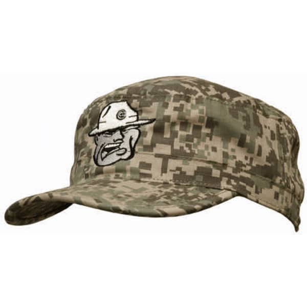 A digital camouflage military cap in shades of grey and green with a logo on the front.
