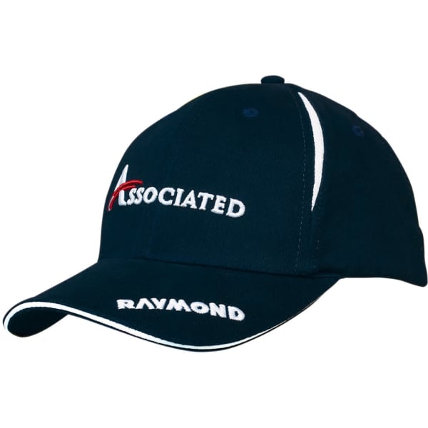 A navy blue cap with a stitched logo on the front and white accents along the brim and sides.