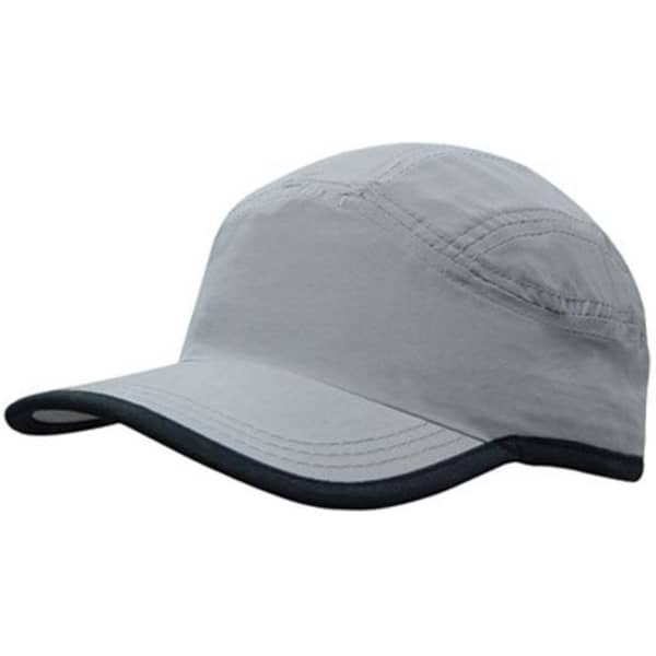 A grey microfibre sports cap featuring a trimmed edge on the crown and peak, with a logo present.
