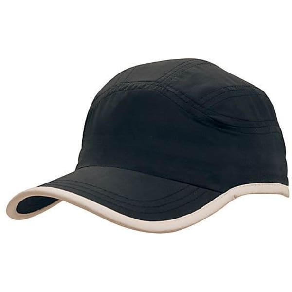 A black microfibre sports cap with a cream trim on the edge of the crown and peak, featuring a logo.