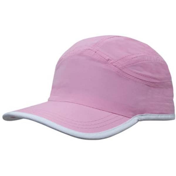 A pink microfibre sports cap with white trim on the edge of the crown and peak, featuring a logo.