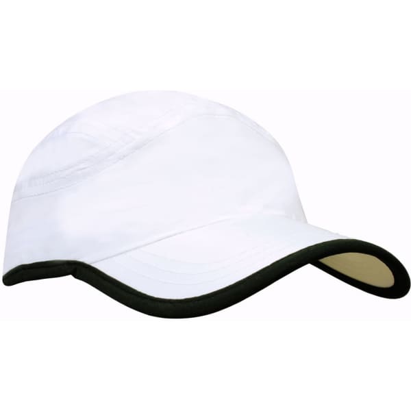 A white microfibre sports cap with a green trim around the edge of the crown and peak. Features a logo.