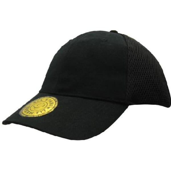 A black sandwich mesh cap featuring a logo and a breathable mesh design for comfort and style.