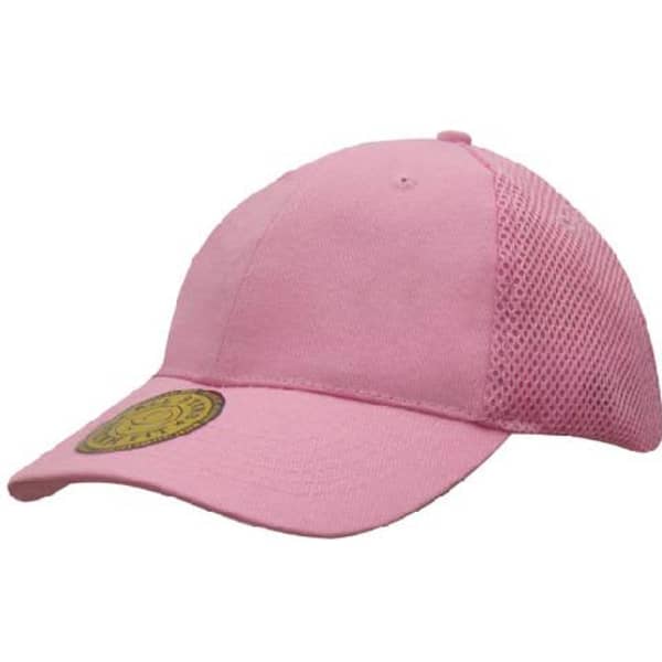 A pink sandwich mesh cap featuring a structured design and a branded tag on the visor.