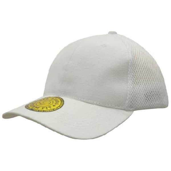 A white mesh cap featuring a curved brim and a branding logo on the side.