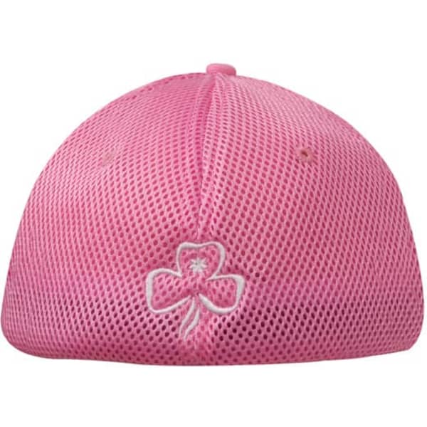 A pink sandwich mesh cap featuring a decorative logo and a breathable design.