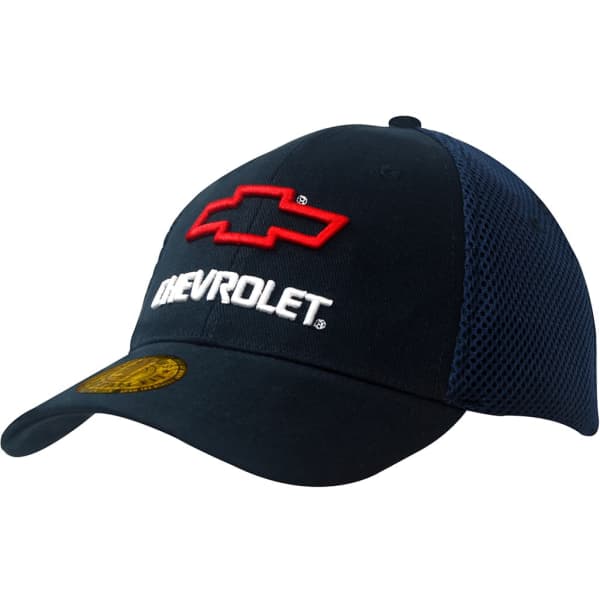 A navy cap with a mesh back, featuring a prominent embroidered logo on the front.