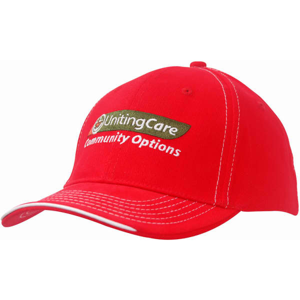 A red cap with contrasting white stitching and a branding logo on the front.