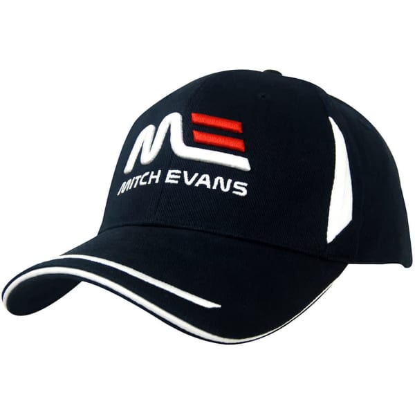 A navy cap featuring white trim, a logo on the front, and a sandwich peak design.