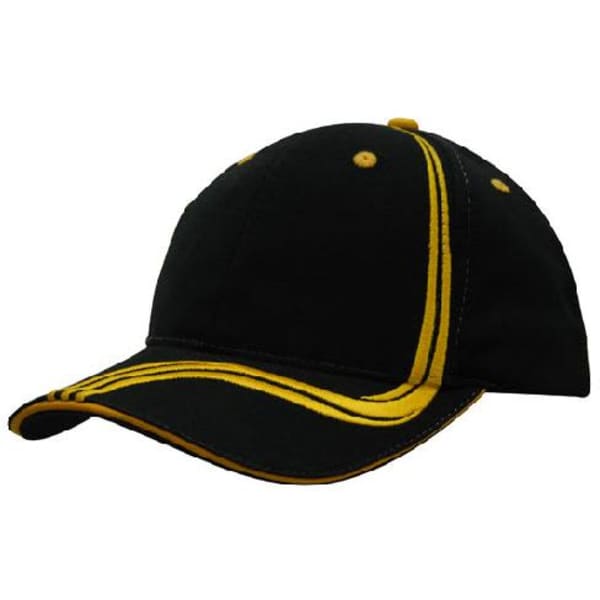 A black cap with waving yellow stripes on the crown and peak, featuring a logo on the front.