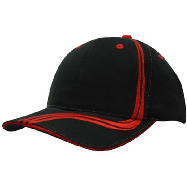 A black cap with waving red stripes on the crown and peak, featuring contrasting stitching and a logo.