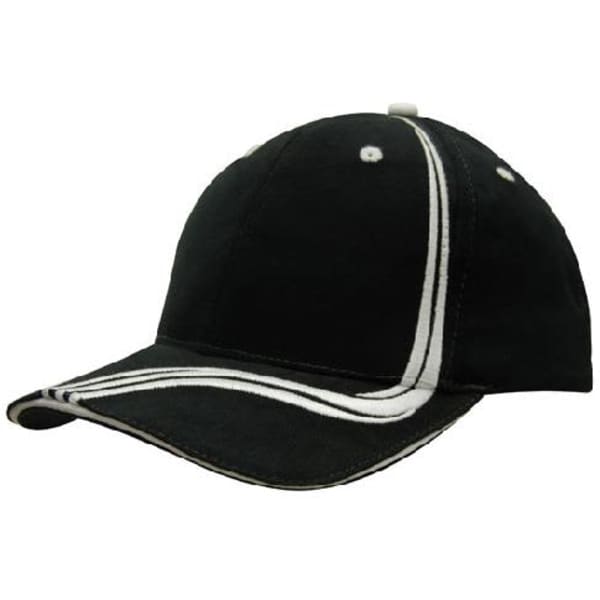 A black cap featuring waving white stripes on the crown and peak, with a logo on the side.
