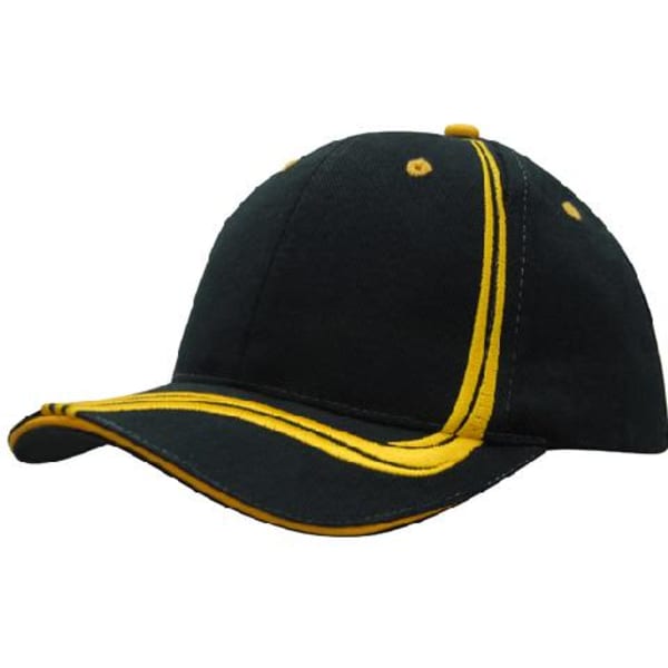 A dark green cap with yellow waving stripes on the crown and peak, featuring a logo on the front.