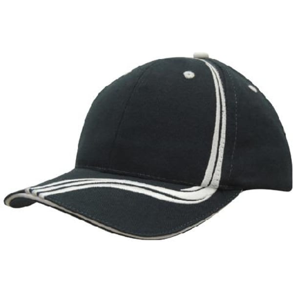 A black brushed heavy cotton cap featuring white waving stripes on the crown and peak, with a logo on the front.