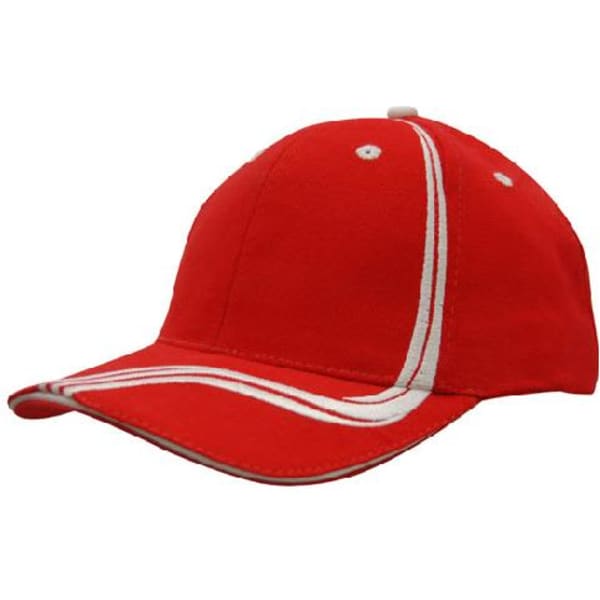 A red cap with white waving stripes on the crown and peak, featuring stitching details and an adjustable fit.