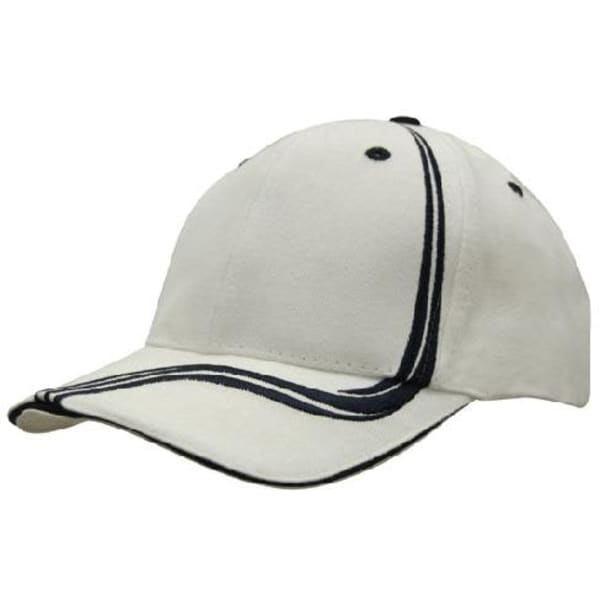 A brushed heavy cotton cap in white with navy waving stripes on the crown and peak, featuring a logo.