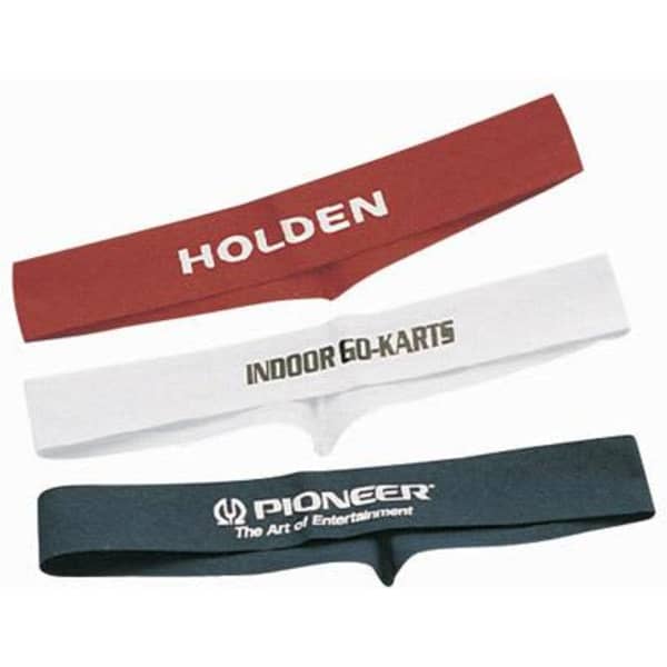 Three fitted hat bands in red, white, and navy blue, featuring different logos and branding.