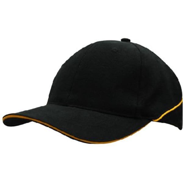 A black cap with crown piping and a sandwich brim, featuring a logo on the front.