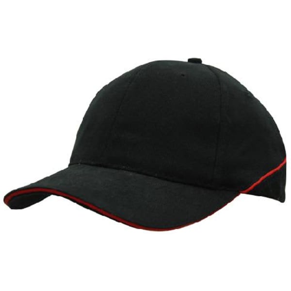 A black brushed heavy cotton cap featuring crown piping and a sandwich peak, with a logo on the side.