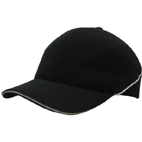 A black brushed heavy cotton cap featuring crown piping and a sandwich brim, with a logo present.