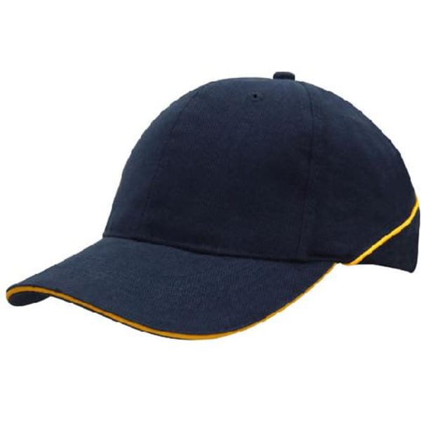 A navy blue cap featuring crown piping and a sandwich peak, with a logo on the front.