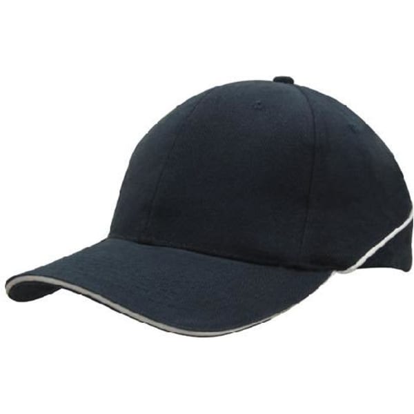 A navy blue brushed heavy cotton cap with crown piping and a sandwich brim, featuring a logo.