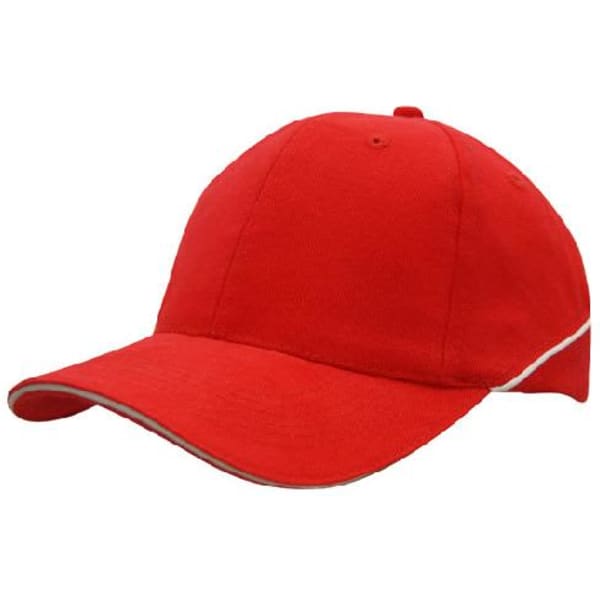 A red brushed heavy cotton cap featuring crown piping and a sandwich peak, with a logo present.