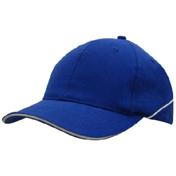 A blue brushed heavy cotton cap featuring crown piping and a sandwich peak. The cap has a logo.