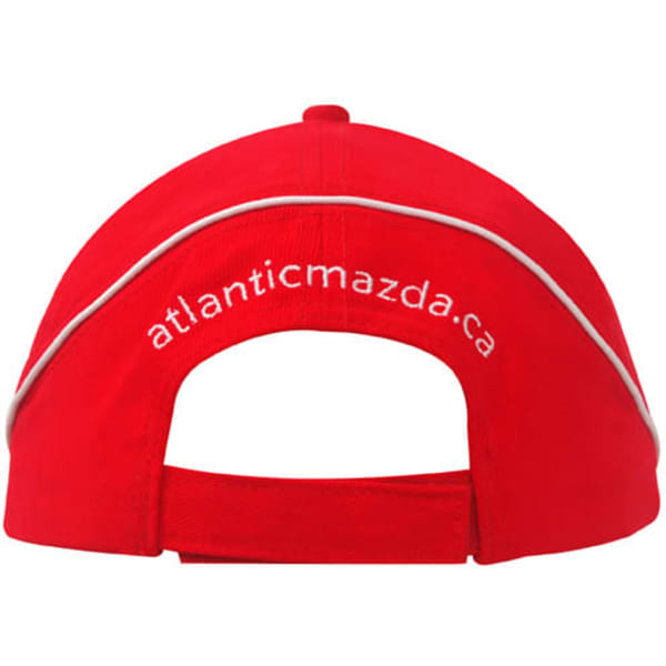 A red brushed heavy cotton cap featuring crown piping and a sandwich brim, with a logo on the back.