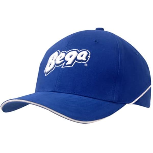 A blue cap with a logo and white crown piping, featuring a sandwich peak design.