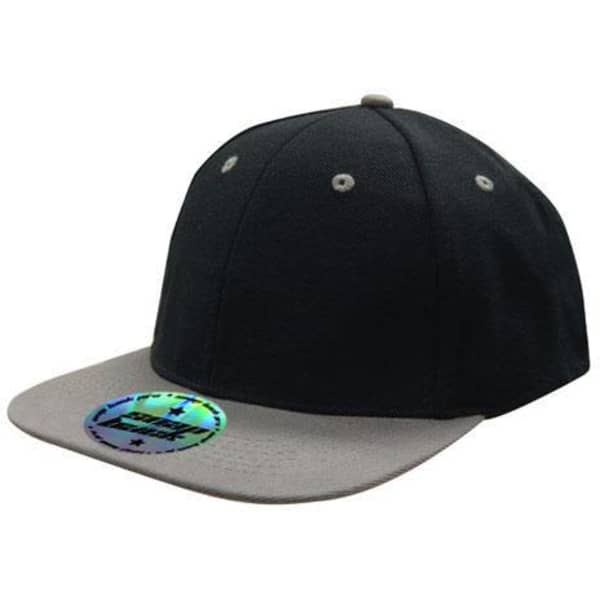 A two-tone premium American twill cap featuring a dark top and a light grey peak, with a logo on the front.