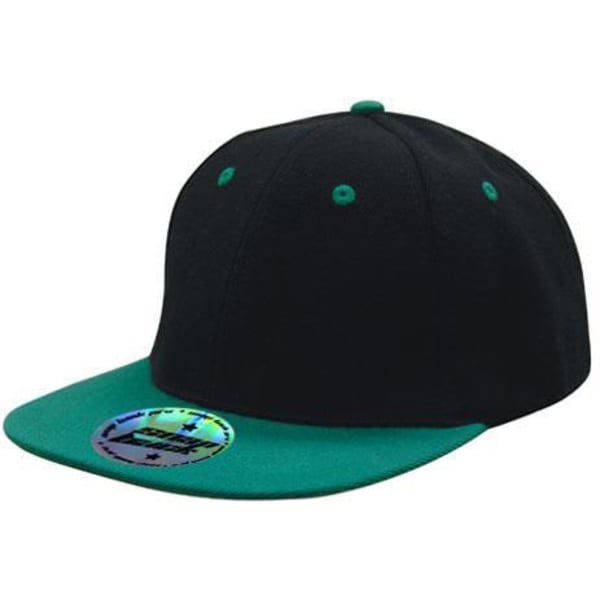 A two-tone cap with a black body and teal brim, featuring a branded logo on the front.