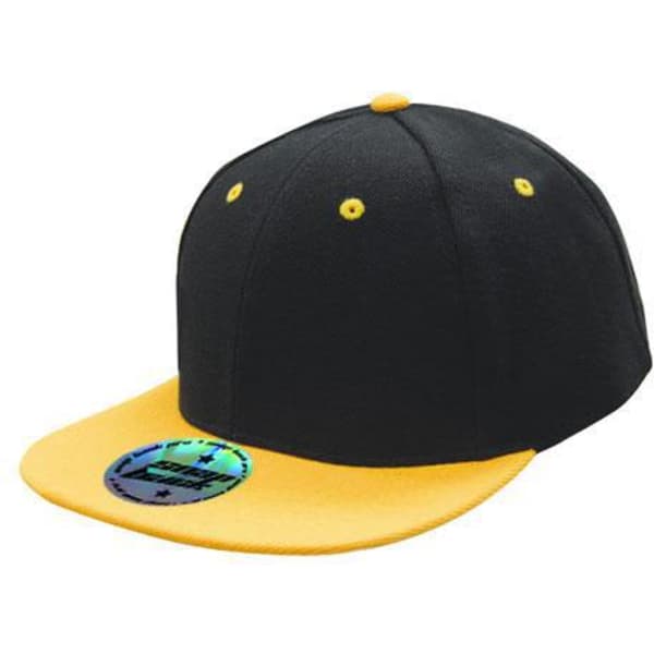 A two-tone black and yellow cap featuring a snap pro back and a logo on the front.