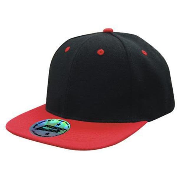 A two-tone premium American twill cap featuring a black body with a red brim and a branded logo.