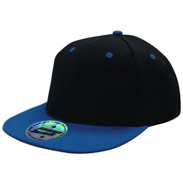 A two-tone cap featuring a black crown and a blue brim, with a logo on the front.