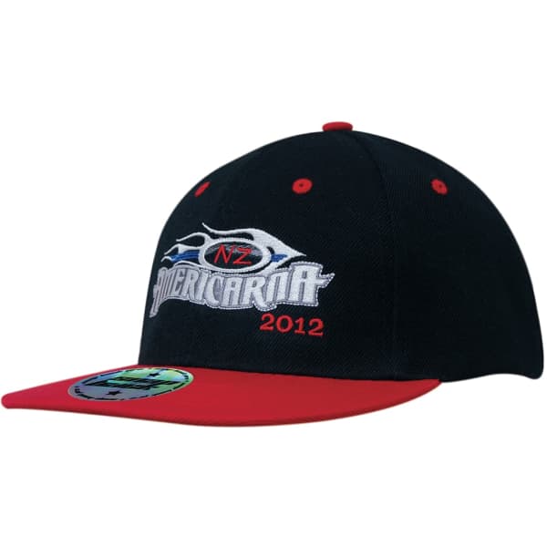 A two-tone cap featuring a black front and a red brim, with an embroidered logo and branding.