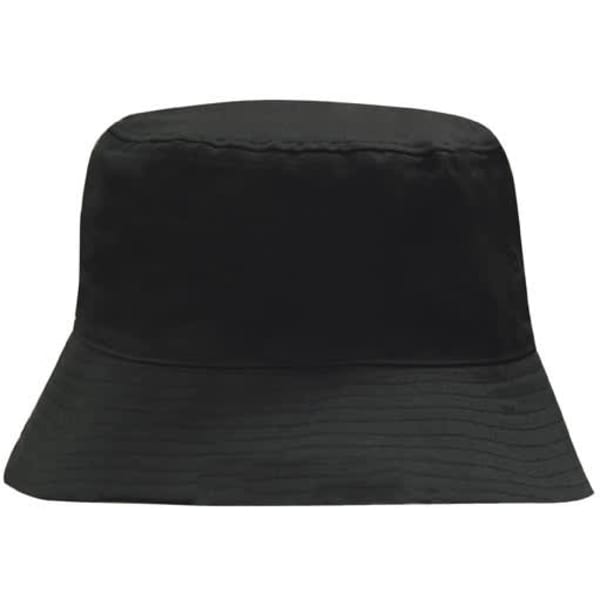 A black breathable poly twill bucket hat with a wide brim and a simple design. It features a logo on the side.