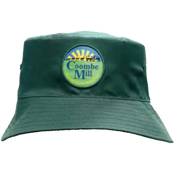 A green breathable poly twill bucket hat with a circular logo on the front.
