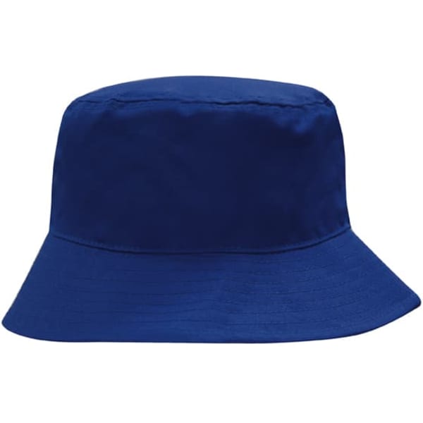 A blue breathable poly twill bucket hat with a wide brim and a simple design. It features a logo.