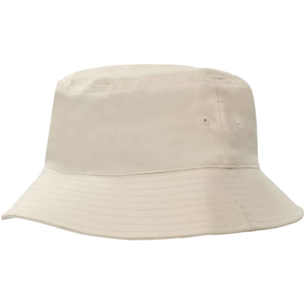A breathable poly twill bucket hat in a light beige colour with a wide brim and eyelet details. It features a logo.