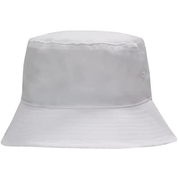 A breathable poly twill bucket hat in white with a soft brim and a logo.