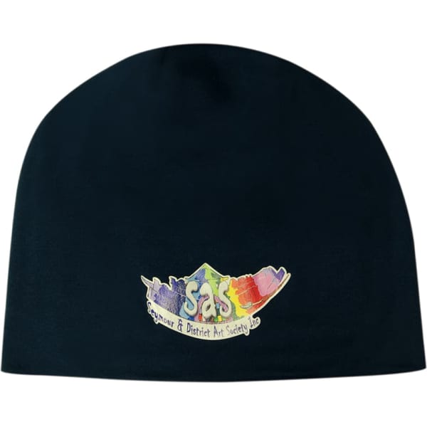A navy cotton beanie featuring a multi-coloured logo. Ideal for casual wear.