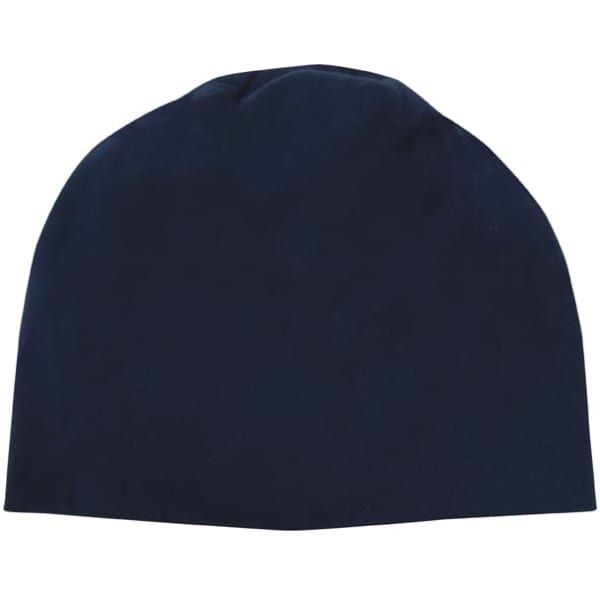 A rolled down cotton beanie in navy blue featuring a logo.