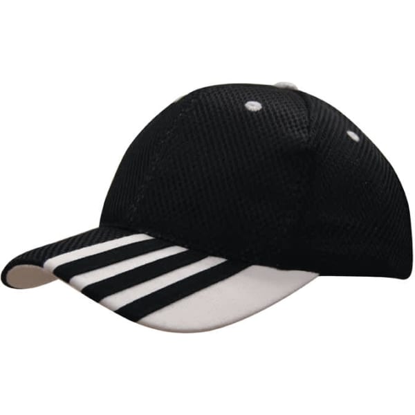 A black sandwich mesh cap featuring white striping on the peak and a logo on the side.