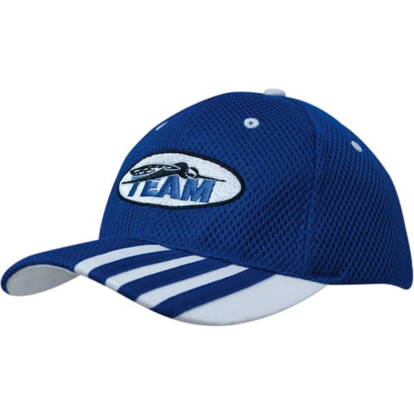 A blue cap with mesh fabric, featuring a logo and white striping on the peak.