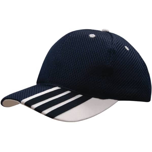 A navy blue mesh cap featuring striping on the peak and a logo on the front.